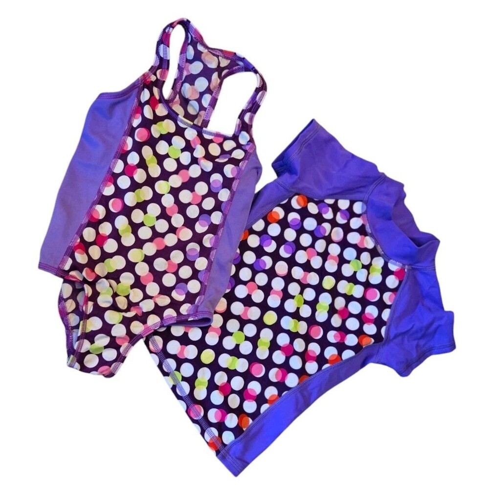 Lands End Swimsuit Matching Rash Guard Top 2pcs Girls Size 2T Purple Polka Dots